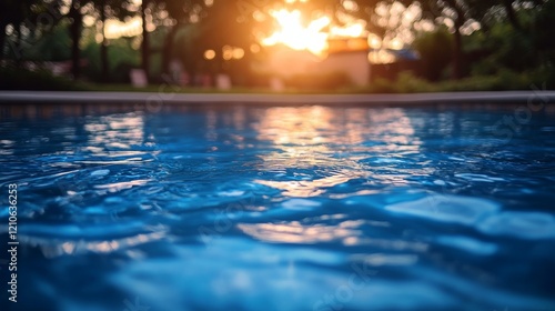 Sunlight reflects on the tranquil water surface of a swimming pool surrounded...