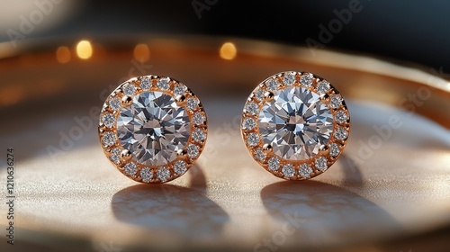 Elegant gold stud earrings featuring sparkling clear gemstones on plush display