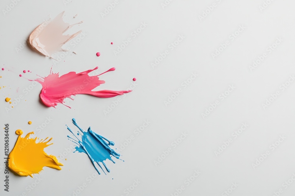 Obraz premium top-down view of vibrant multicolored watercolor splashes blending seamlessly on smooth white background