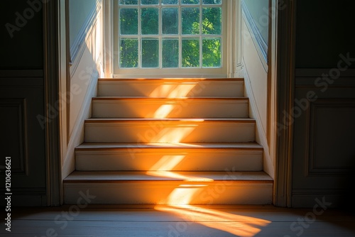 Light beams streaming through a window in an old wooden staircase area during...