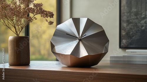 Unique decorative clock displayed on a wooden table with a vase and natural l...