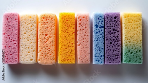 Colorful sponges arranged in a neat row showcasing various vibrant hues and t...