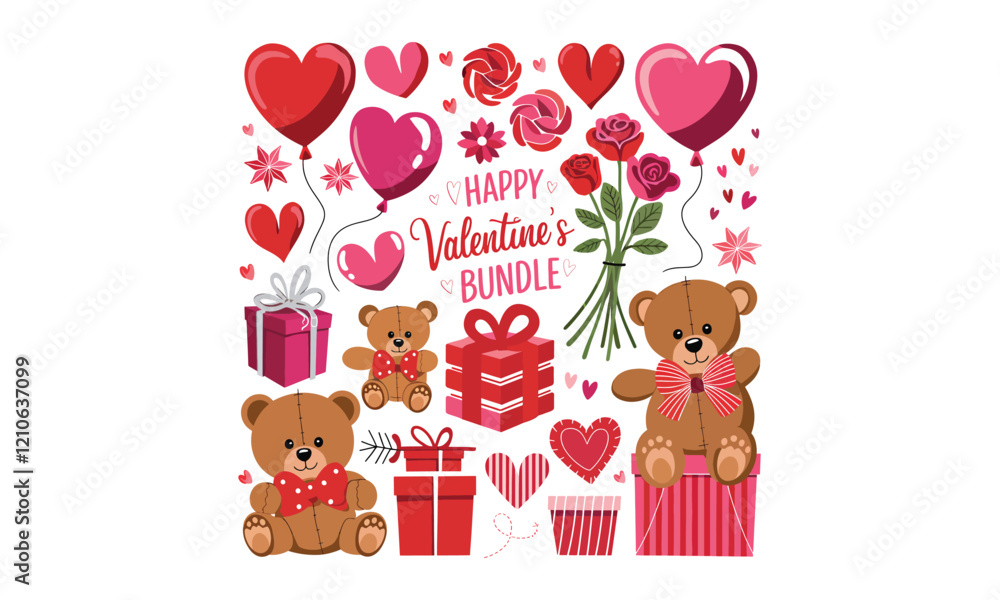 Naklejka premium Valentines Day Bundle Teddy Bears, Hearts, Balloons, Gifts, and Roses