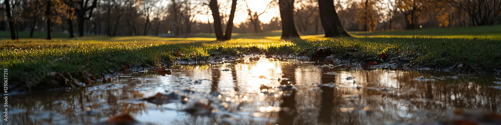 Puddle Reflection in Park at Sunset Puddle Reflection in Park at Sunset