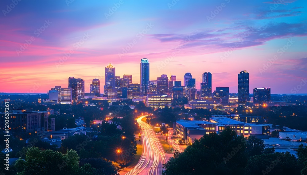 Fototapeta premium A stunning sunset view of a modern city skyline, featuring illuminated buildings and vibrant colors reflecting on the horizon, perfect for urban themes.