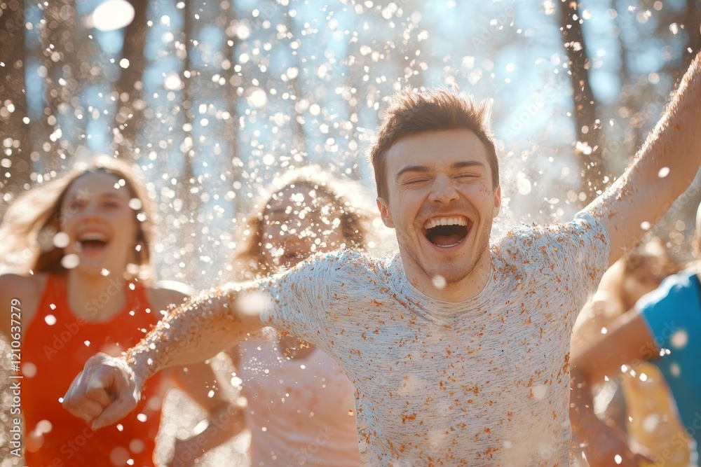 Obraz premium Joyful group of people running and splashing water in a sunlit forest during a summer day