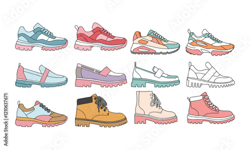Colorful Footwear Collection Sneakers, Loafers, Boots, and Chunky Sole Shoes