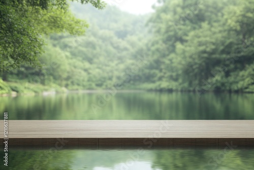 wide shot of calm lakeside with wooden dock extending into still waters surrounded by blurred greenery photo