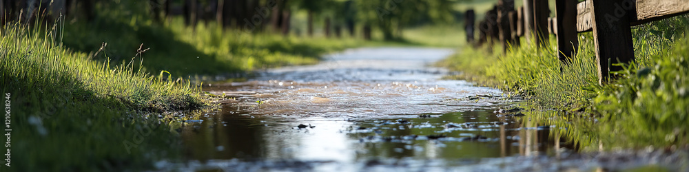 Flooded Dirt Road with Grass and Wooden Fence Flooded Dirt Road with Grass and Wooden Fence