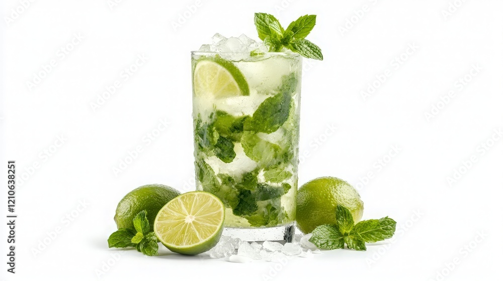 Fototapeta premium A refreshing Virgin Mojito served in a tall glass with crushed ice, fresh lime wedges, and vibrant green mint leaves. Condensation beads on the glass emphasize its coolness.