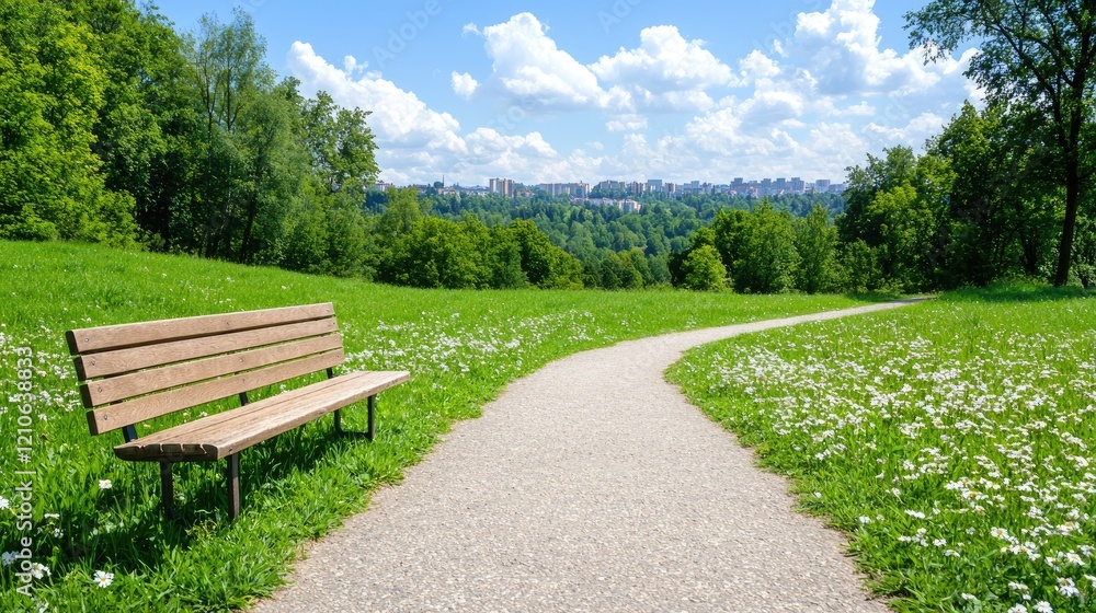 Park bench path, city view, summer day, relaxing scene, nature backdrop Park bench path, city view, summer day, relaxing scene, nature backdrop