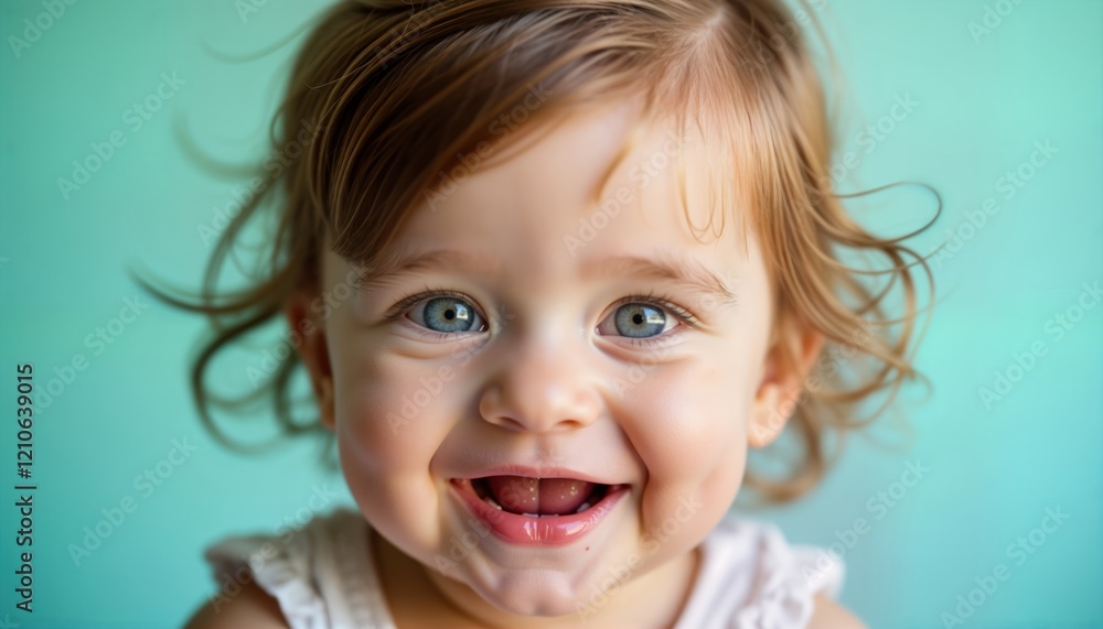 Baby with bright blue eyes, light brown hair smiles warmly. Adorable infant displays pure joy. Candid, natural portrait against light teal background. Perfect for baby products, children books, Baby with bright blue eyes, light brown hair smiles warmly. Adorable infant displays pure joy. Candid, natural portrait against light teal background. Perfect for baby products, children books,