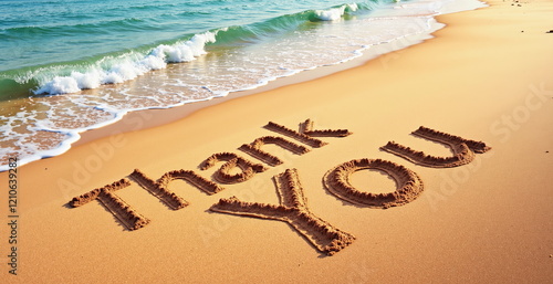 Thank you written in sand on beach by the ocean