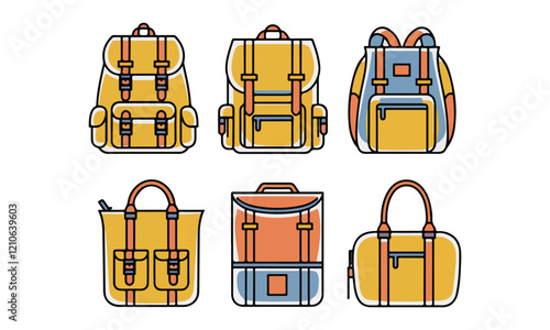 Colorful Backpack and Bag Icon Set - Trendy Travel and Fashion Accessories