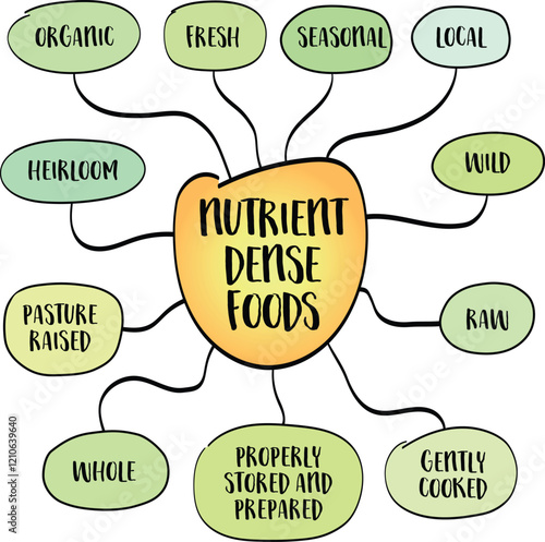 Attributes of nutrient dense foods, healthy eating concept, infographics sketch.
