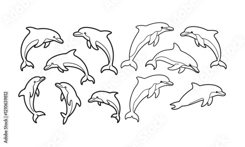 Dolphin Illustration Set - Outline and Silhouette Marine Animal Graphics photo