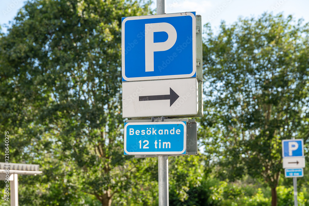 A blue and white parking sign stands tall beside lush green trees, directing visitors to the right and displaying a 12-hour limit. Bright sunlight highlights the clear message for motorists A blue and white parking sign stands tall beside lush green trees, directing visitors to the right and displaying a 12-hour limit. Bright sunlight highlights the clear message for motorists