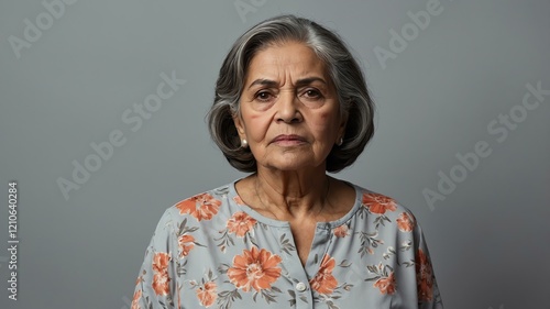 elderly hispanic female in casual wear on pastel color background model portrait looking serious for ad concept space for text