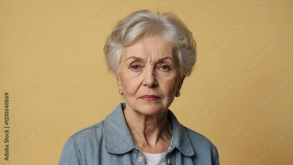 elderly caucasian female in casual wear on pastel color background model portrait looking serious for ad concept space for text elderly caucasian female in casual wear on pastel color background model portrait looking serious for ad concept space for text