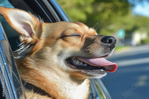 A dog's head sticks out of an open car window, enjoying the ride photo