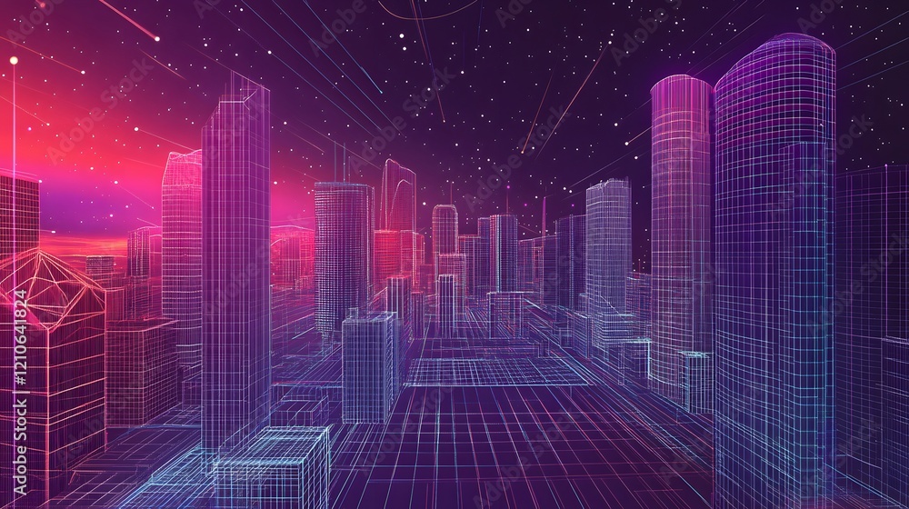 Neon Cityscape Wireframe Under Starry Night Sky Neon Cityscape Wireframe Under Starry Night Sky