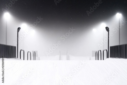 wide shot of snow-covered freestyle park featuring series of jumps and rails with misty blurred background photo