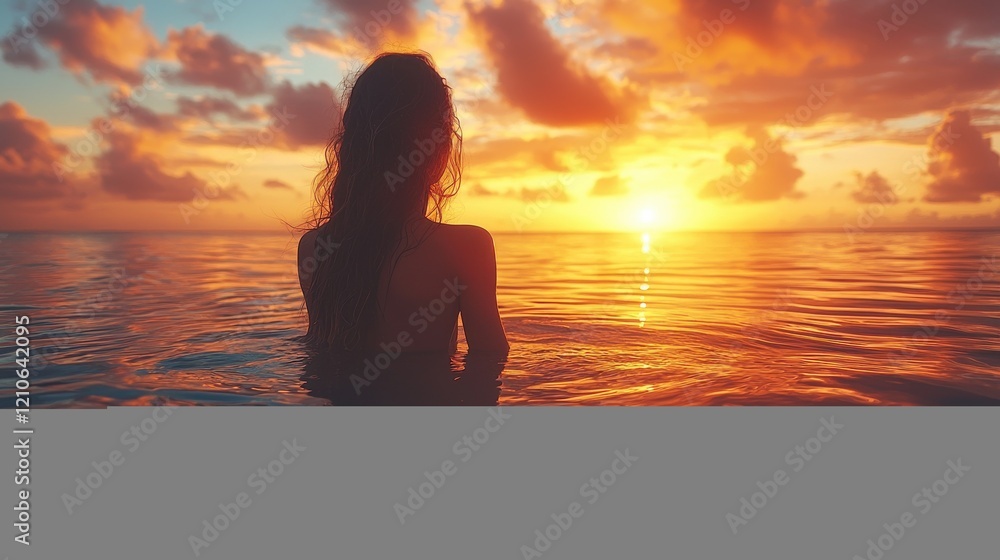 Fototapeta premium Sunset reflection over calm waters with a woman enjoying nature's beauty