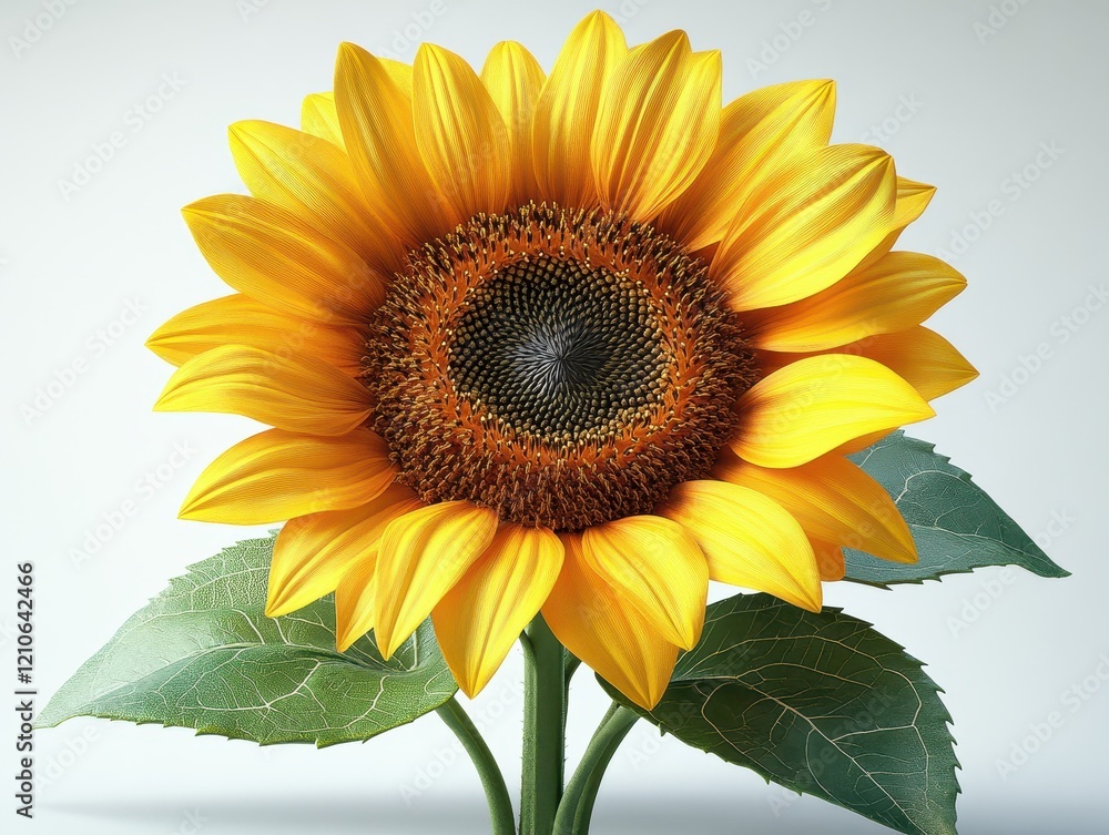 Naklejka premium A vibrant sunflower in full bloom with green leaves.
