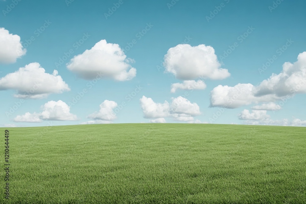 wide shot of open field with rolling hills in distance under bright blue sky and soft fluffy clouds wide shot of open field with rolling hills in distance under bright blue sky and soft fluffy clouds