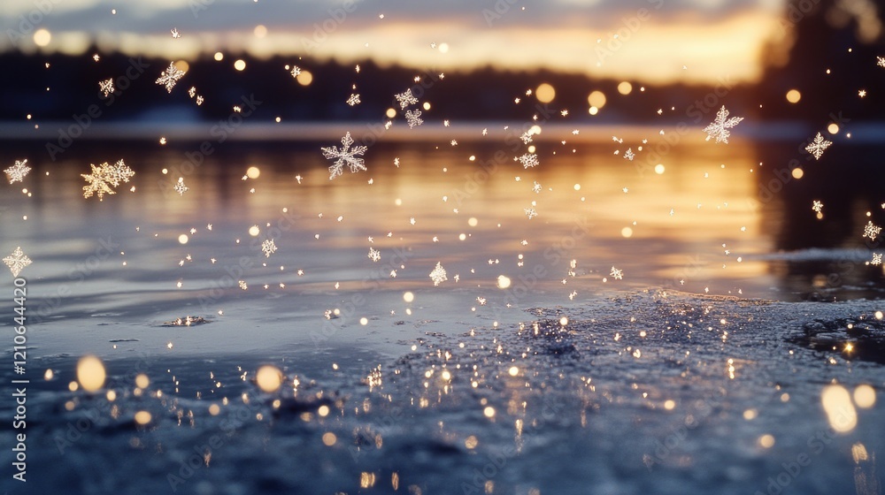 Naklejka premium Snowflakes falling onto calm lake surface