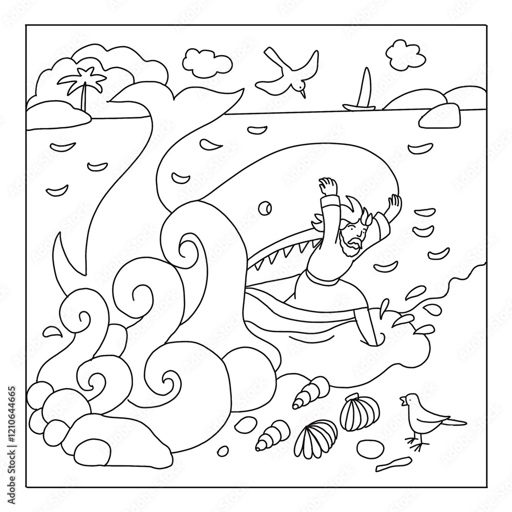 Obraz premium Иллюстрация Biblical history. Jonah and the big fish. Coloring book for children