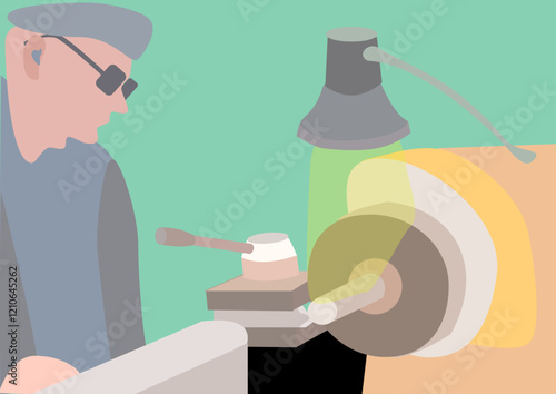 Illustration of a man using a lathe to cut a piece of metal.