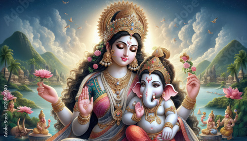 Baby Ganesh and Mother Goddess Parvati