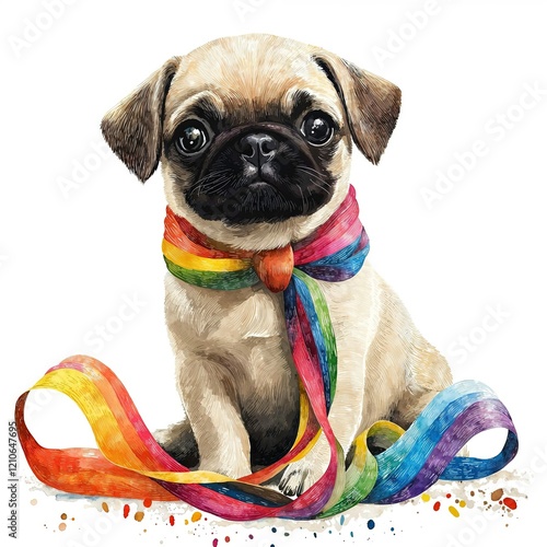 Cute pug puppy with colorful ribbon sits playfully on a white background photo