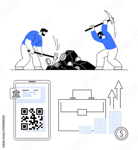 Crypto miners extracting digital currency with pickaxes. QR code for payment, briefcase, stacks of coins, upward arrows, and dollar symbol. Ideal for cryptocurrency, finance, investment technology
