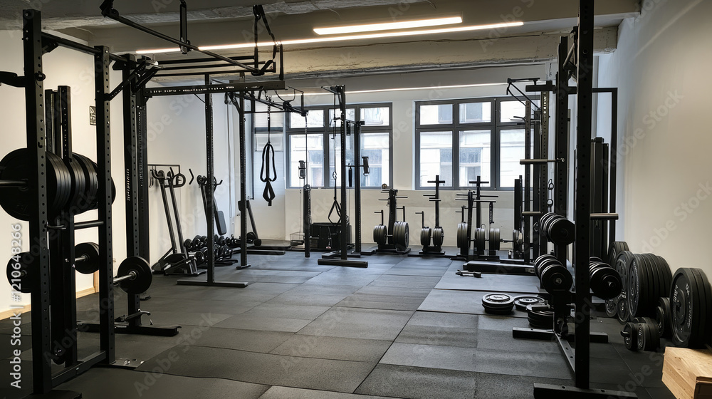 Fototapeta premium Functional fitness and CrossFit gym space, designed for high-intensity workouts and strength training. The facility is equipped with a variety of workout tools, including kettlebells, barbells, medici