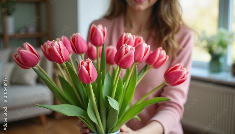 Woman presenting vibrant pink tulips in cozy room, celebrating International Womens Day Woman presenting vibrant pink tulips in cozy room, celebrating International Womens Day