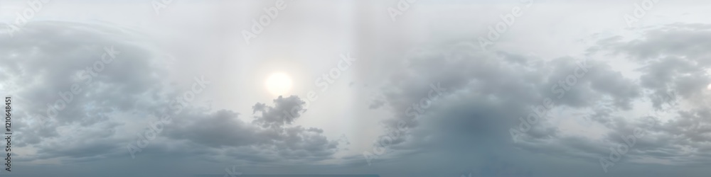 Overcast sky panorama with low clouds. Sun partially visible through clouds. Suitable for 3D graphics games, aerial drone 360-degree sky dome. Sky gray, cloudy. Seamless spherical equirectangular Overcast sky panorama with low clouds. Sun partially visible through clouds. Suitable for 3D graphics games, aerial drone 360-degree sky dome. Sky gray, cloudy. Seamless spherical equirectangular
