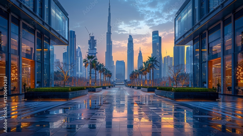 Obraz premium Metropolitan Square Framed by Modern Skyscrapers. Symmetrical layout in soft evening glow reflecting sleek urban design and bustling atmosphere in high definition photography styled in urban allure.