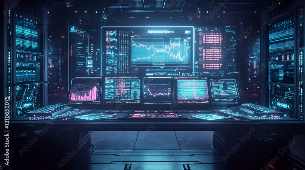 A futuristic financial analyst's desk with holograph A futuristic financial analyst's desk with holograph