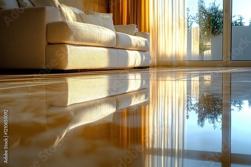 A warm and inviting living room with a comfortable couch and natural light from the window photo