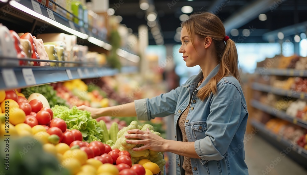 Smiling woman shopping for fresh produce in supermarket, healthy lifestyle concept Smiling woman shopping for fresh produce in supermarket, healthy lifestyle concept