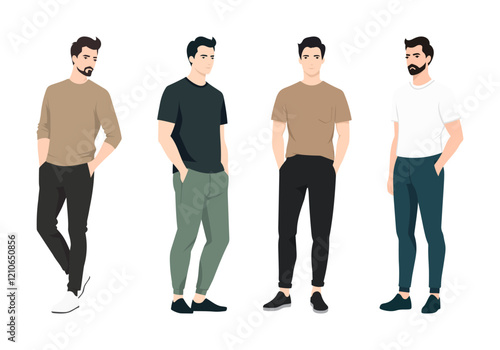 Four men in light and dark casual clothes. The presented colors are white, black, green, beige. The outfit includes t-shirts, pants and sneakers. The look emphasizes lightness and style.