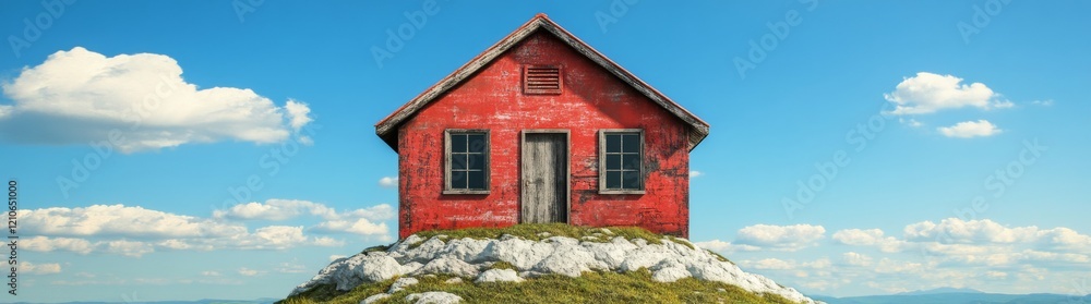 Nestled atop a verdant hill, a cozy house is framed by a pristine blue sky, painting a serene and enchanting picture Nestled atop a verdant hill, a cozy house is framed by a pristine blue sky, painting a serene and enchanting picture