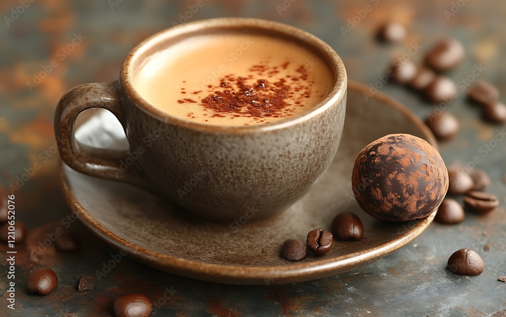 Espresso coffee cup with chocolate truffle and beans. Espresso coffee cup with chocolate truffle and beans.