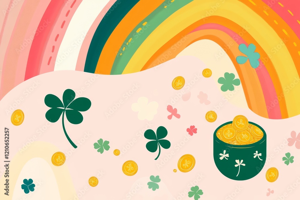 Fototapeta premium Colorful rainbow and shamrocks with pot of gold illustration