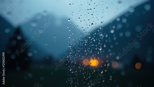 rain drops on window, rainy mountain view from a window, gloomy weather view