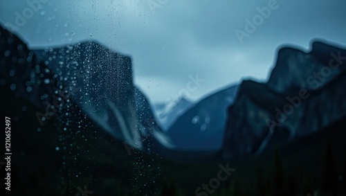 rainy mountain view from a window, gloomy weather view
