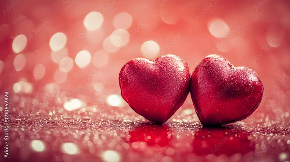Obraz premium Two Sparkling Red Hearts on Glittery Background for Love and Romance Themes : Generative AI