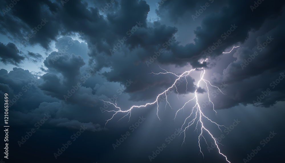 Lightning striking dark clouds in stormy sky